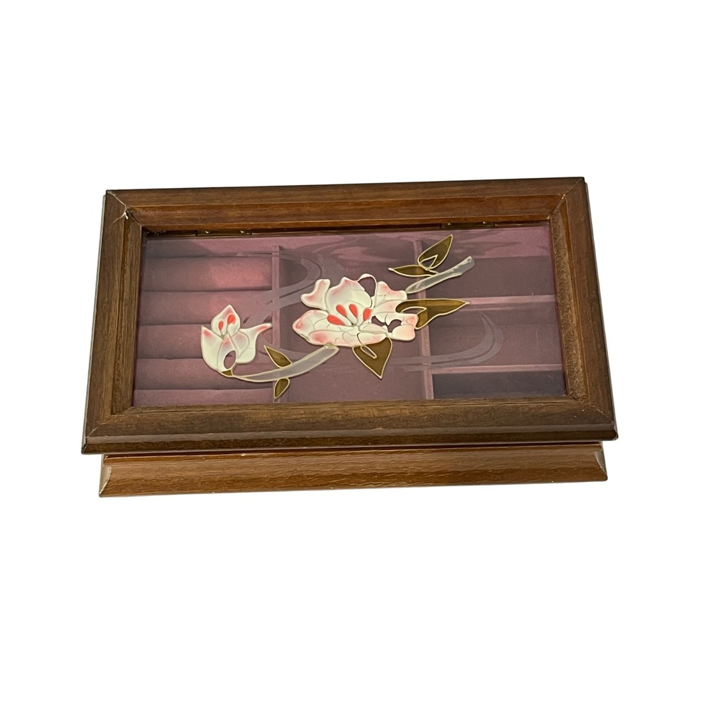 Rosalco Jewelry Box  Brown 1987 Vintage Floral Etched Glass Wood Case